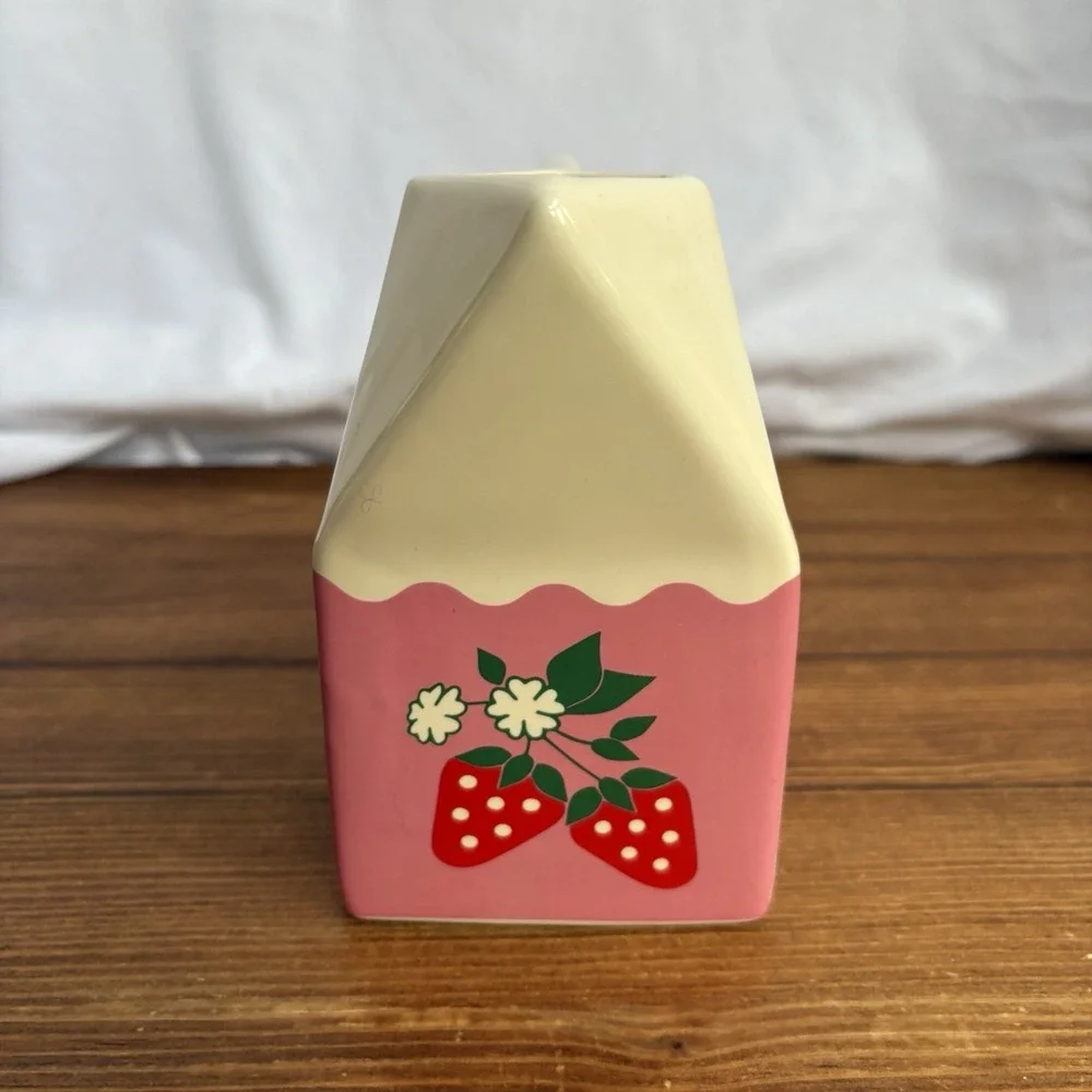 ban.do Strawberry Milk Carton Ceramic Vase Pink Kawaii Desk Decor Holder
